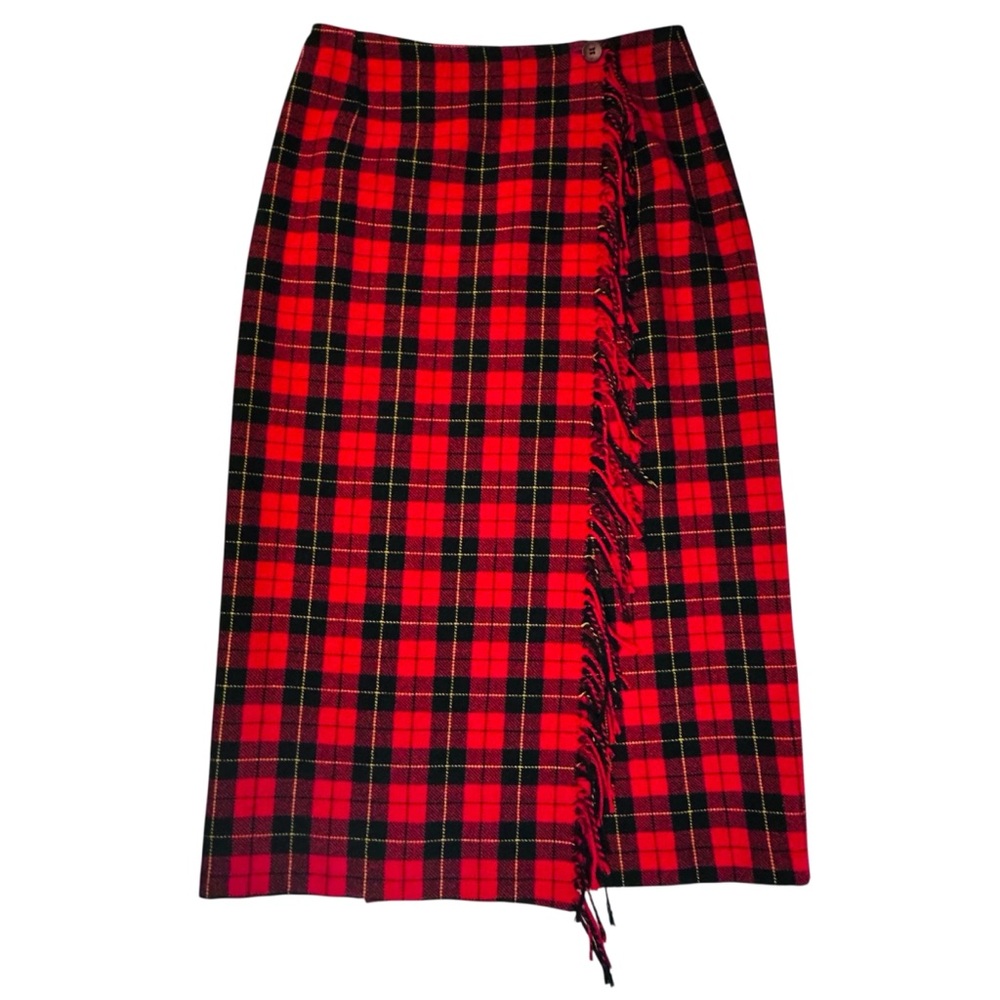 Vintage 90s Red Black Tartan Plaid Wool Blend Blanket Wrap Skirt